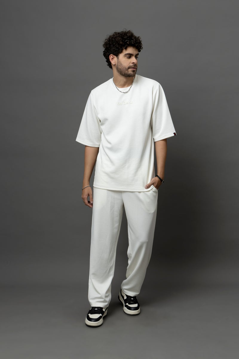 Go Devil White Textured T-Shirt With Pant Co-Ord Set For Men - Image 1